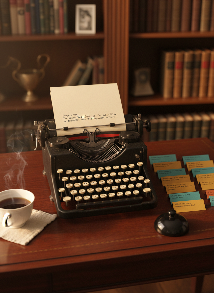 An antique typewriter in matte black metal with ivory keys, each letter slightly worn, sits centered on a deep mahogany desk. A single sheet of cream paper is rolled into the carriage, showing the title of an unfinished story and a few thoughtful opening lines. Beside it, a neat spread of color-coded index cards outlines chapters, anchored by a weighty onyx paperweight. A porcelain cup of strong black tea rests on a linen coaster, faint steam curling upward. Warm golden-hour light from an unseen window grazes the keys, creating delicate highlights and a soft glow across the scene. Captured in photographic realism from a slightly elevated angle using the rule of thirds, the background blurs into elegant book-lined shelves. The atmosphere is sophisticated, focused, and quietly ambitious, suggesting the deliberate architecture of a writer’s mind.