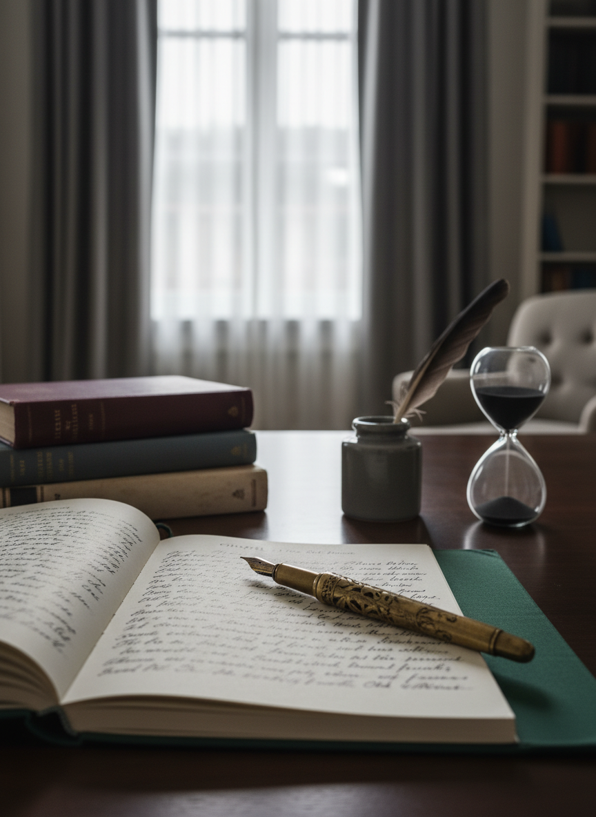 A dark walnut writing desk with a subtle satin sheen, its surface meticulously arranged with a cloth-bound notebook half-open, a heavy brass fountain pen resting across a page filled with tight, elegant handwriting. A stack of well-worn hardback novels with muted, sophisticated dust jackets flanks one side, while a small ceramic inkwell and a minimalist sand timer sit near the other. The desk is positioned beside a tall window framed by charcoal-grey curtains, with overcast afternoon light diffused through sheer white drapes, casting soft, elongated shadows. Photographic realism, eye-level composition with a shallow depth of field focuses on the pen and page, gently blurring the refined study beyond. The mood is contemplative, intimate, and intellectual, perfectly evoking the quiet discipline of an aspiring fiction writer at work.
