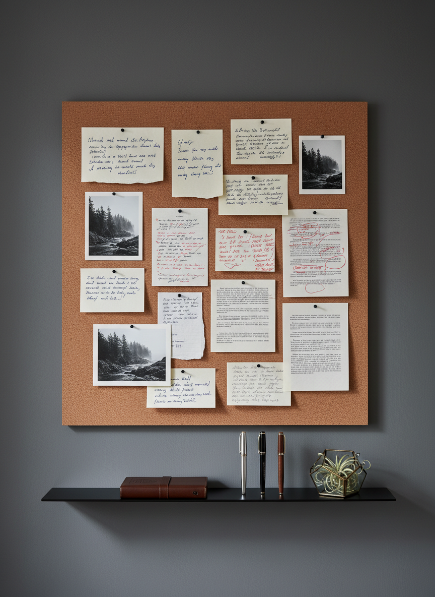 A minimalist cork inspiration board mounted on a matte charcoal wall, covered with neatly pinned handwritten story notes, printed manuscript pages with red-ink annotations, and a few monochrome photographs of moody landscapes. A slim black metal shelf below holds a closed leather-bound journal, three high-quality pens arranged parallel, and a small geometric glass terrarium containing a single air plant. Cool, diffused morning light from the left side creates gentle, clean shadows and emphasizes paper textures and ink strokes. Photographic realism, shot straight-on at eye level with sharp focus throughout, giving the composition a gallery-like precision. The mood is ordered yet imaginative, reflecting a sophisticated authorial process and the careful curation of ideas that shape complex fiction.